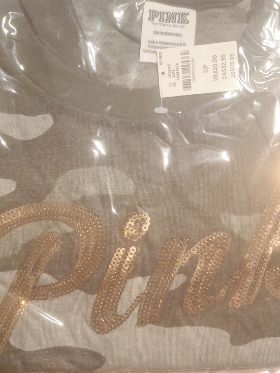 PINK Victoria's Secret Tops - PINK Victoria's Secret Gray Camo Tee with Rose Gold Sequin Logo